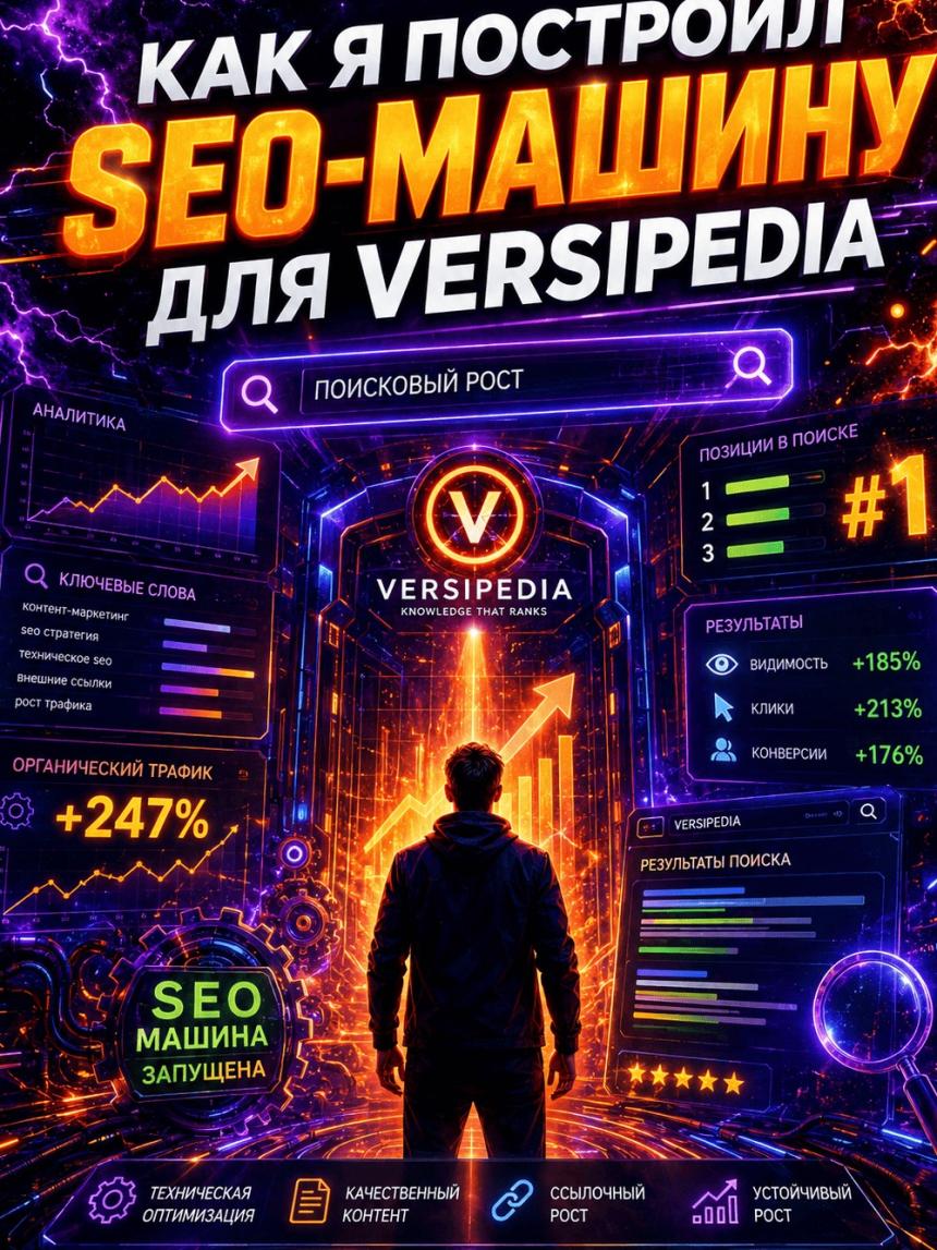 Схема SEO-системы Versipedia: структура сайта, контент, внутренняя перелинковка, AI-видимость и рост органического трафика.